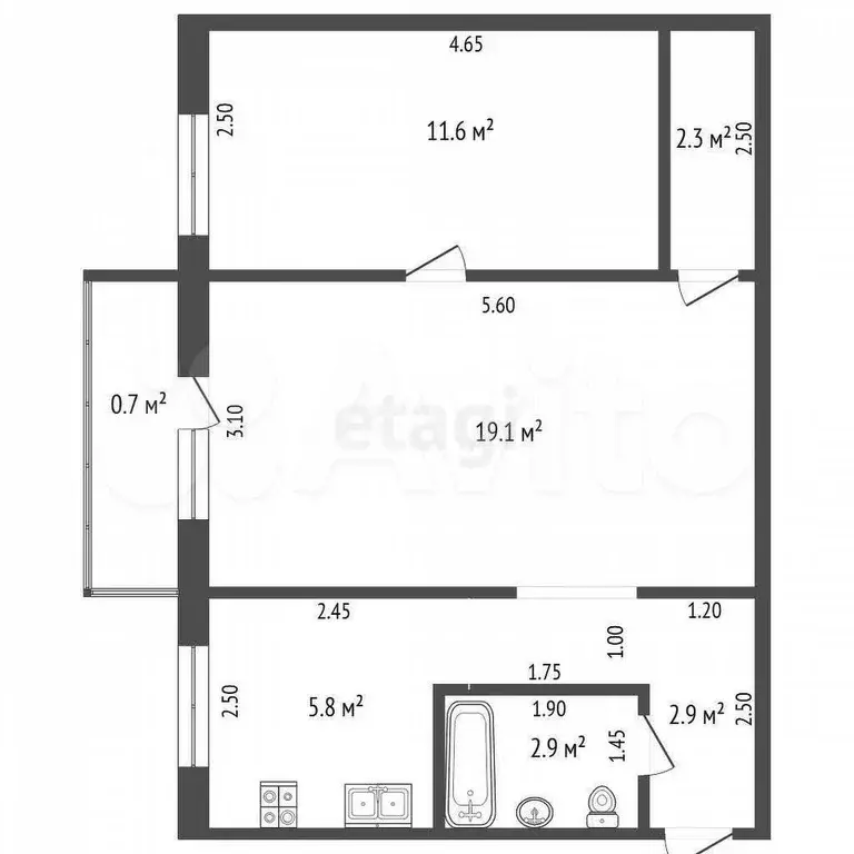 2-к. квартира, 44,6 м, 5/5 эт. - Фото 0
