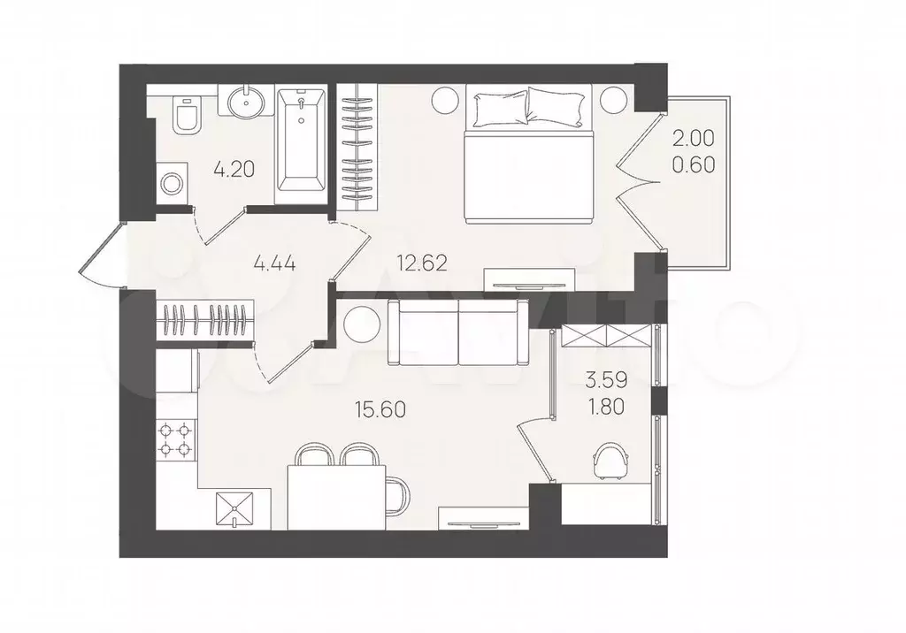 1-к. квартира, 38,7 м, 5/5 эт. - Фото 1