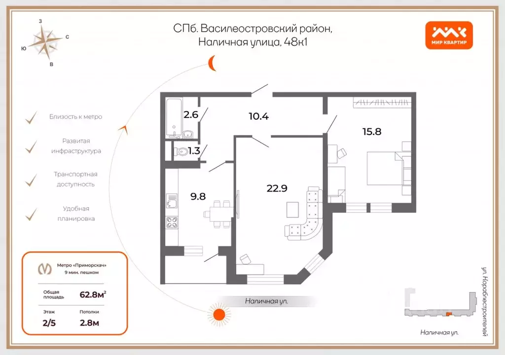 2-к кв. Санкт-Петербург Наличная ул., 48к1 (62.8 м) - Фото 1