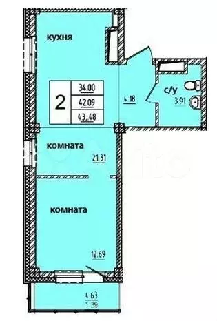 2-к. квартира, 43,5 м, 10/15 эт. - Фото 0