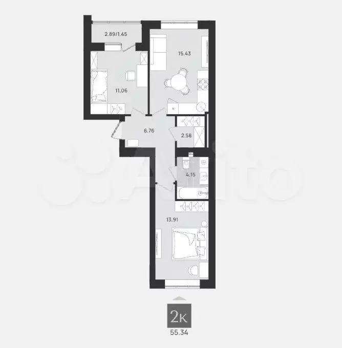 2-к. квартира, 55,3 м, 3/9 эт. - Фото 1