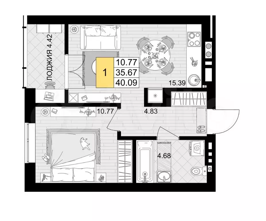 1-к. квартира, 40 м, 7/7 эт. - Фото 1