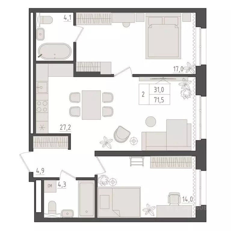 2-к кв. Башкортостан, Уфа 563-й кв-л,  (71.5 м) - Фото 1