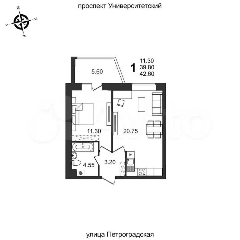 1-к. квартира, 42,6 м, 2/19 эт. - Фото 1