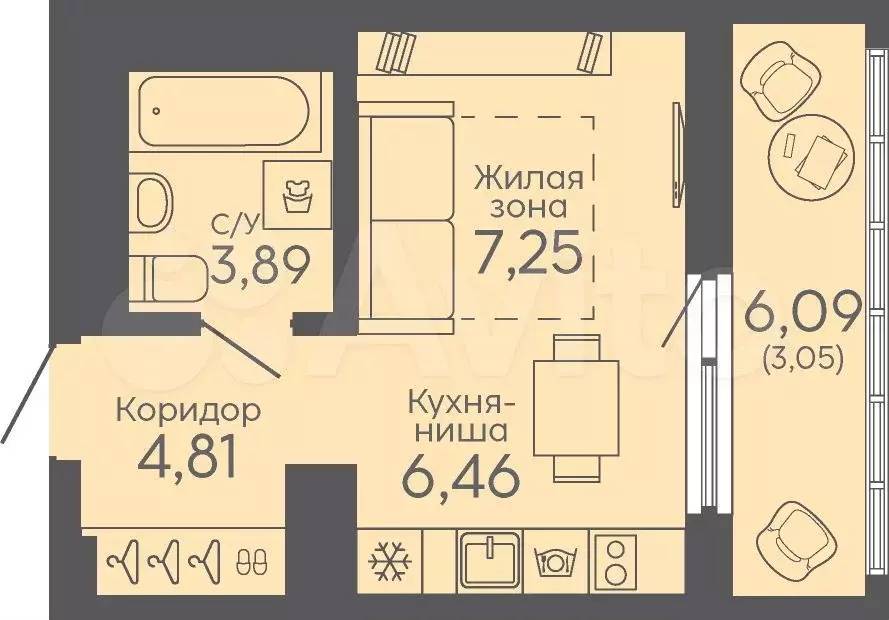 Квартира-студия, 25,5 м, 6/16 эт. - Фото 0