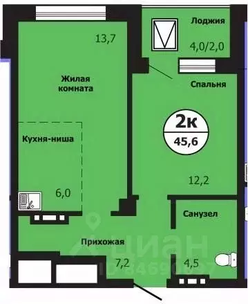 2-к кв. Красноярский край, Красноярск ул. Лесников, 51Б (45.6 м) - Фото 0