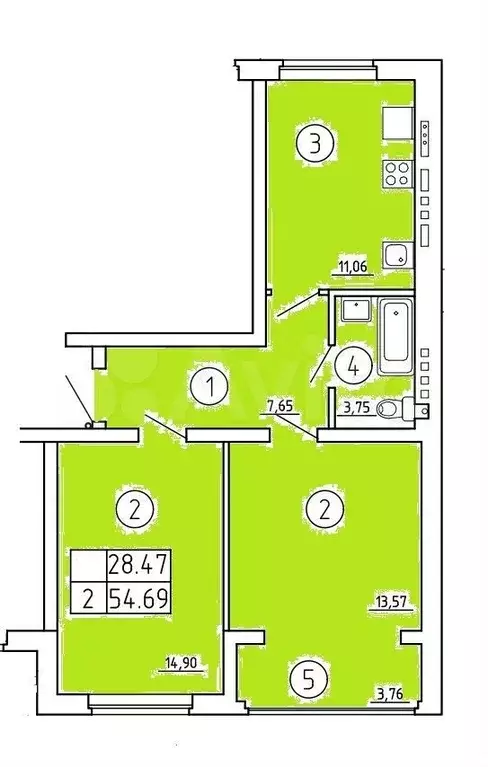 2-к. квартира, 54,9 м, 4/4 эт. - Фото 0