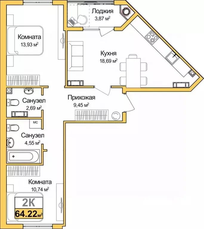 2-к кв. Крым, Симферополь ул. Батурина (62.29 м) - Фото 0