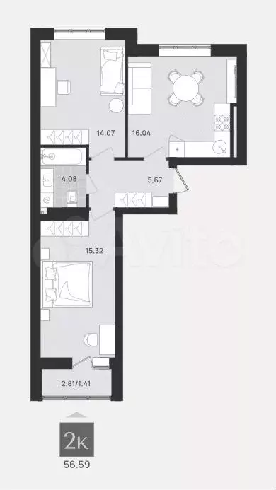 2-к. квартира, 56,6 м, 8/9 эт. - Фото 1