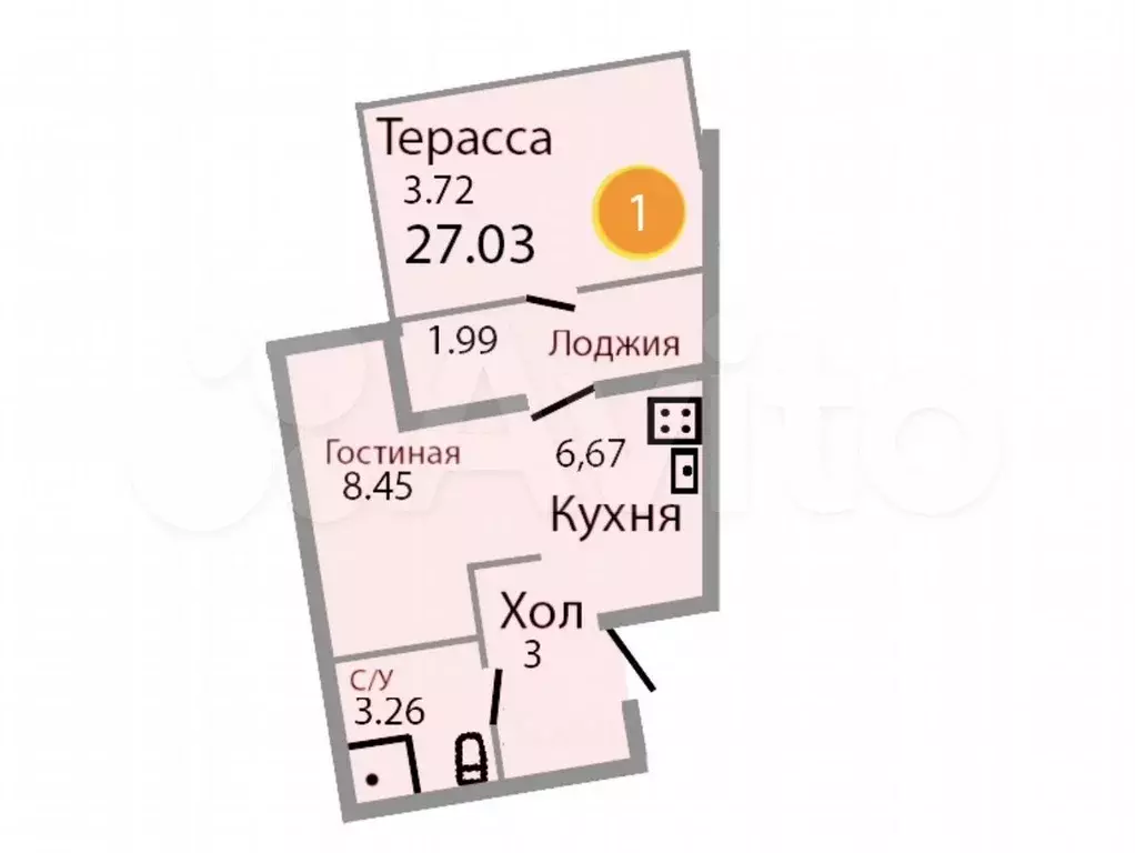 Квартира-студия, 28,6 м, 1/9 эт. - Фото 1