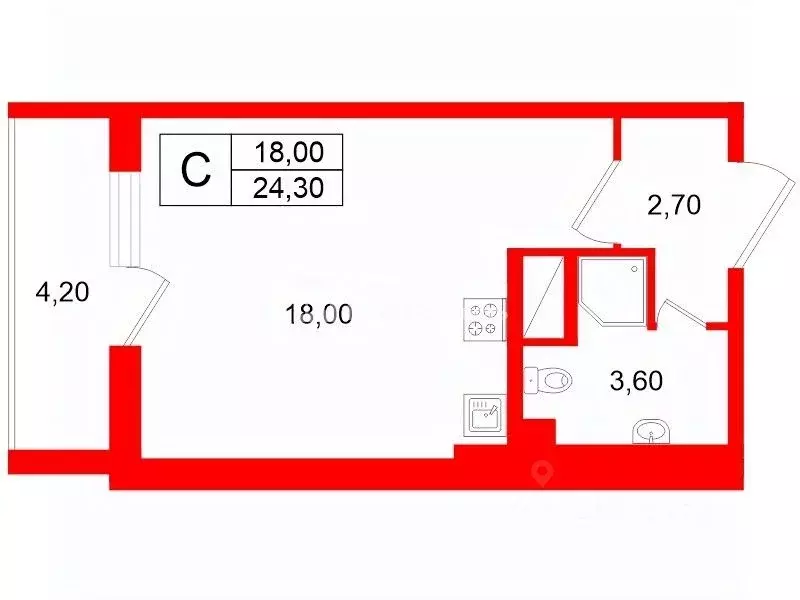 Студия Санкт-Петербург просп. Ветеранов, 169к1 (24.3 м) - Фото 2