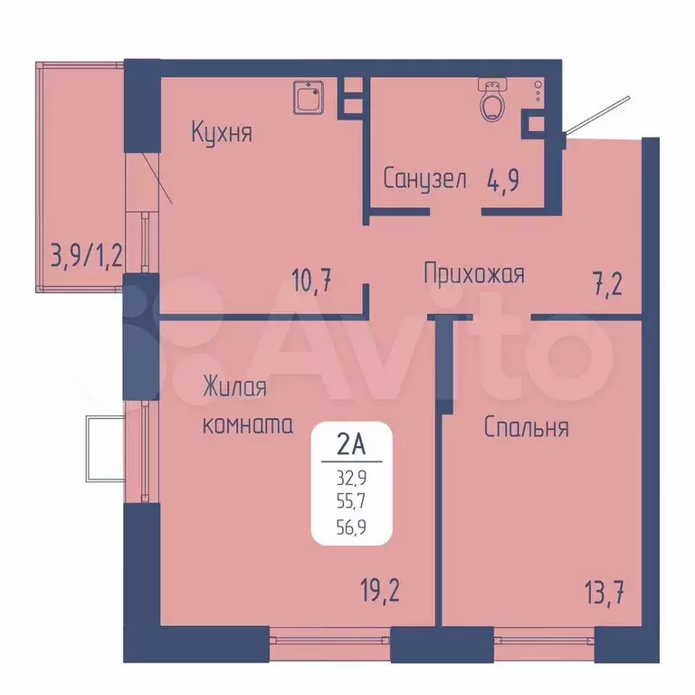 2-к. квартира, 56,9 м, 2/17 эт. - Фото 0