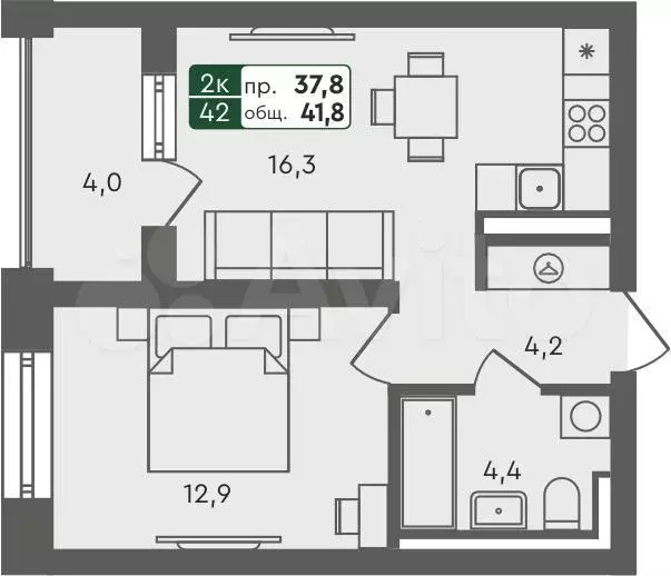 1-к. квартира, 41,8 м, 4/4 эт. - Фото 0