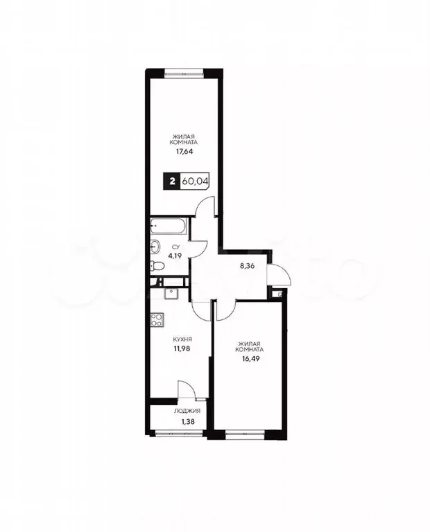 2-к. квартира, 60 м, 19/20 эт. - Фото 1