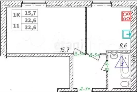 1-к. квартира, 32,6 м, 2/3 эт. - Фото 1