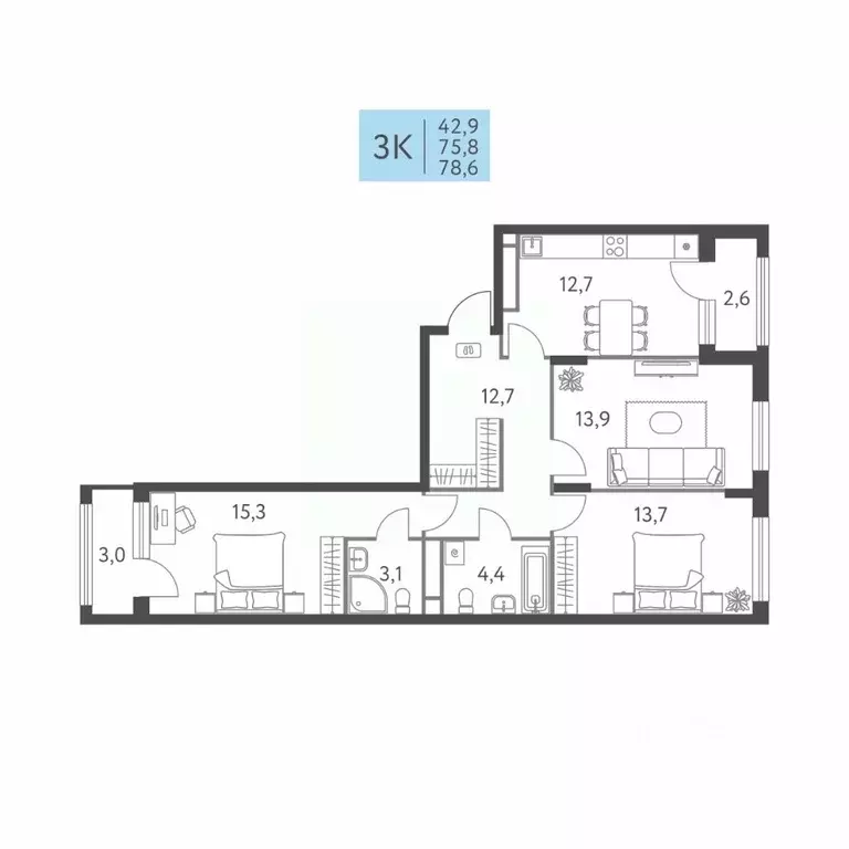 3-к кв. Пермский край, Пермь ул. Левченко, 8 (78.6 м) - Фото 1