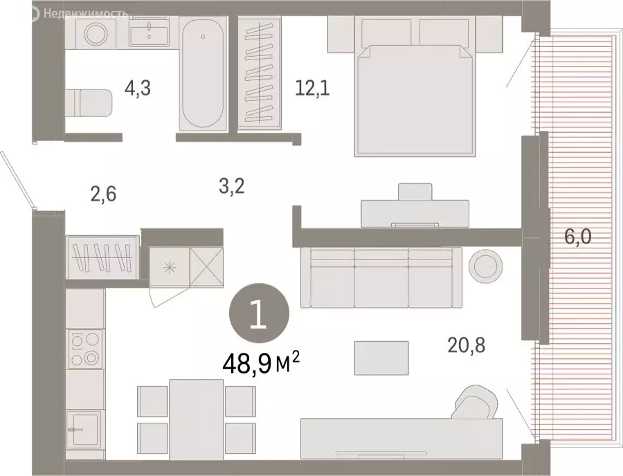 1-комнатная квартира: Тюмень, Ленинский округ (48.87 м) - Фото 1