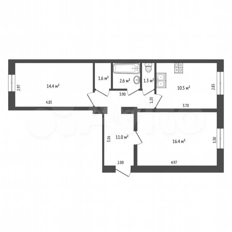 2-к. квартира, 57,8 м, 2/4 эт. - Фото 0