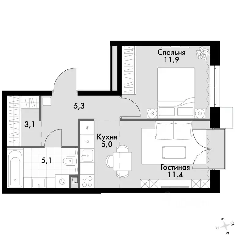 2-к кв. Приморский край, Владивосток Флагман жилой комплекс (41.8 м) - Фото 2