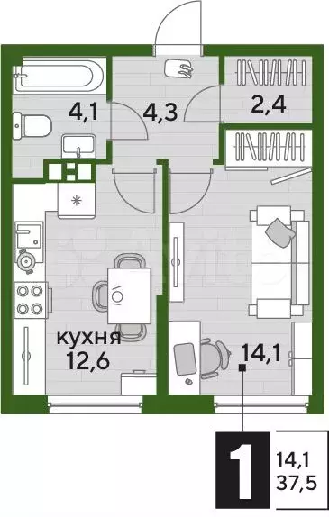 1-к. квартира, 37,5м, 9/16эт. - Фото 1