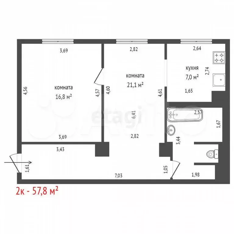 2-к. квартира, 57,8 м, 1/5 эт. - Фото 1