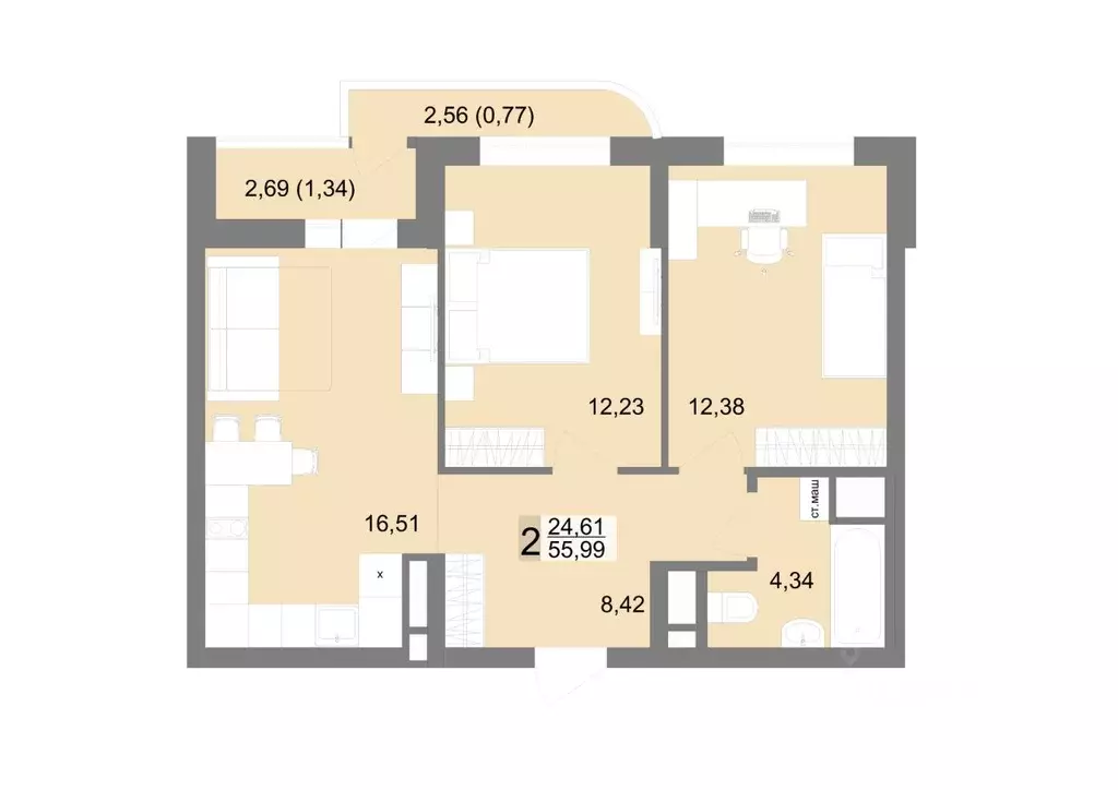 2-к кв. Свердловская область, Екатеринбург ул. Тенистая, 8с5 (55.99 м) - Фото 1