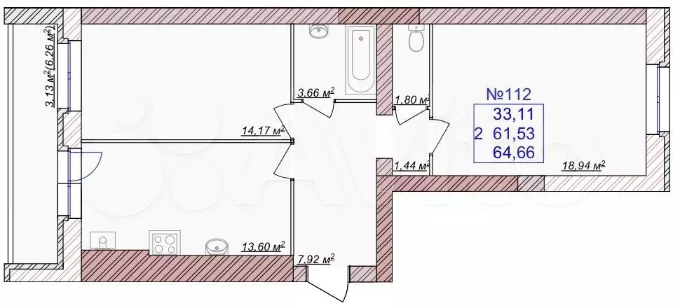 2-к. квартира, 64,7м, 8/9эт. - Фото 1