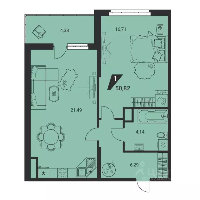 1-к кв. Свердловская область, Екатеринбург ул. Громова, 26/3 (50.82 м) - Фото 1