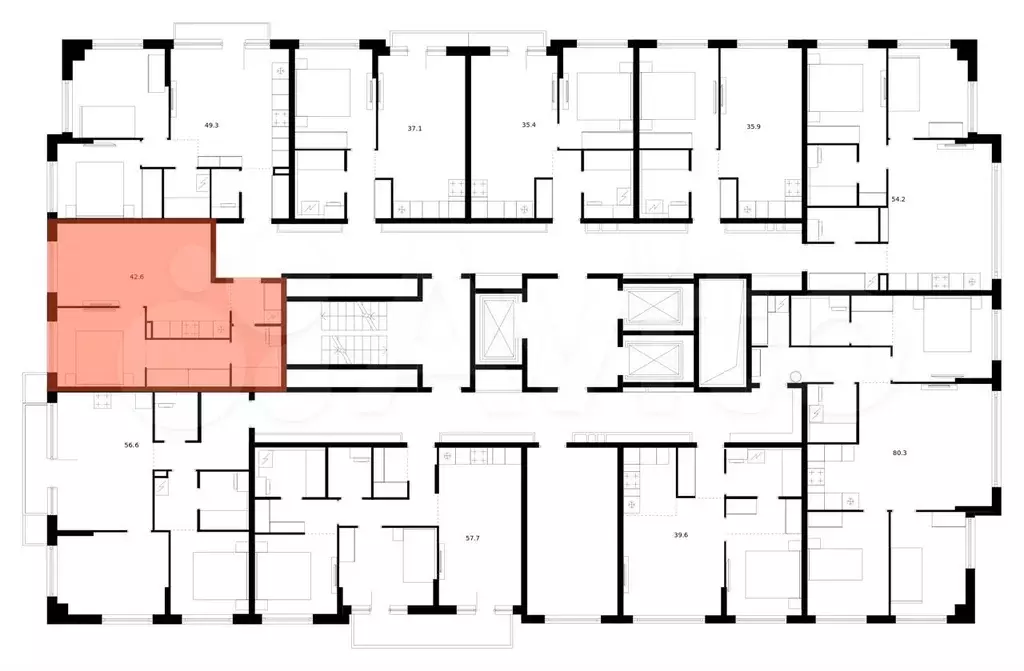 1-к. квартира, 42,6 м, 14/23 эт. - Фото 1