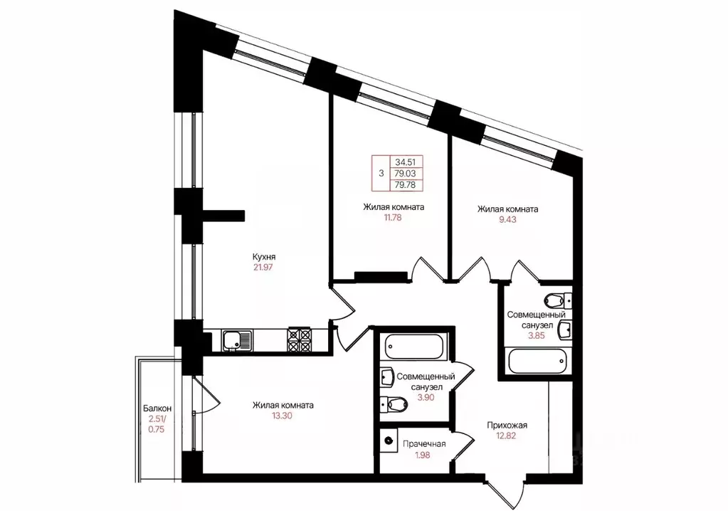 3-к кв. Татарстан, Казань Лето жилой комплекс (79.78 м) - Фото 2