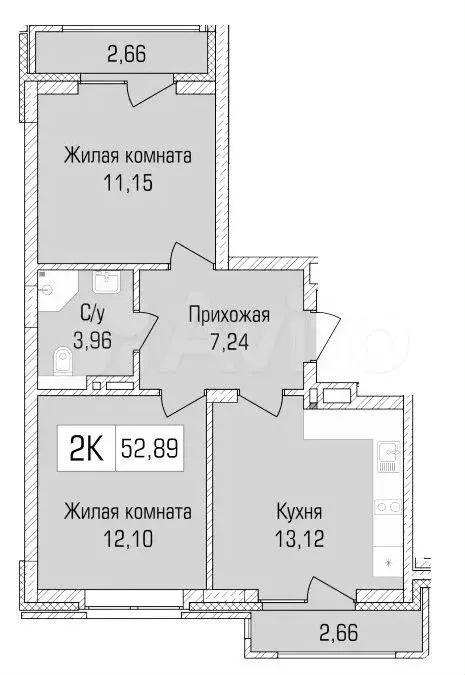 2-к. квартира, 53,1 м, 2/9 эт. - Фото 0