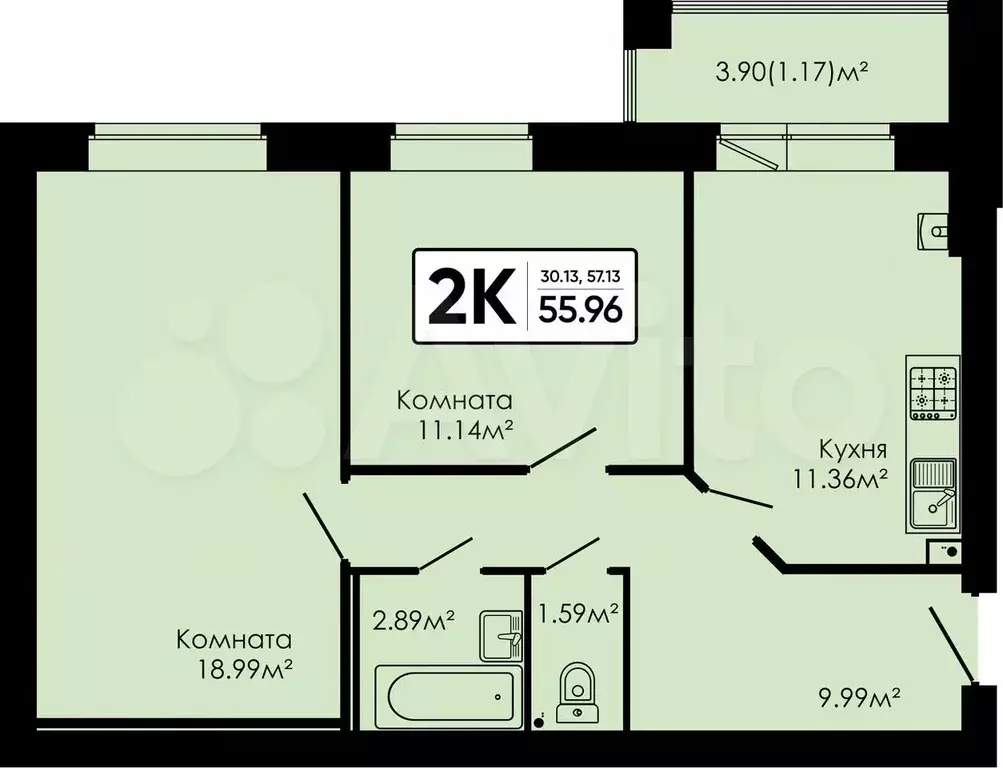 2-к. квартира, 56 м, 1/4 эт. - Фото 0