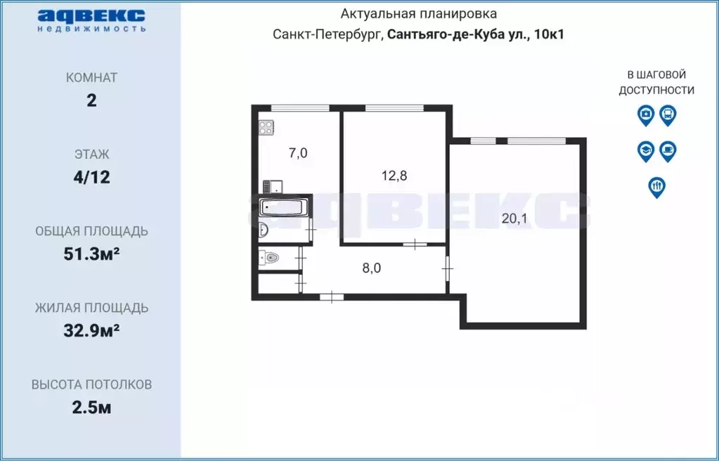 2-к кв. Санкт-Петербург ул. Сантьяго-де-Куба, 10К1 (51.3 м) - Фото 1