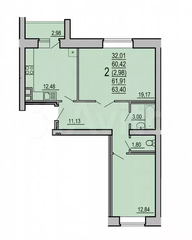 2-к. квартира, 63,4 м, 3/5 эт. - Фото 0
