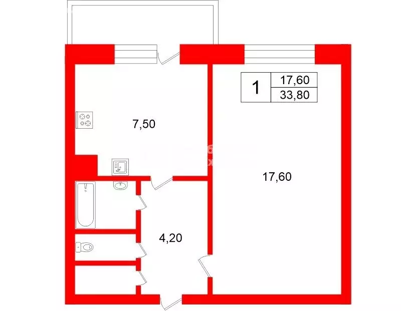 1-комнатная квартира: Санкт-Петербург, улица Передовиков, 33к1 (33.8 ... - Фото 1