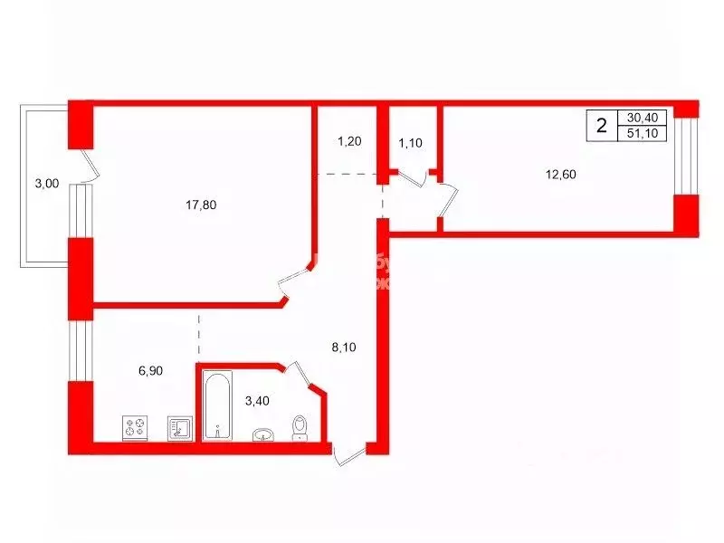 2-к кв. Санкт-Петербург Варшавская ул., 43К2 (51.1 м) - Фото 2