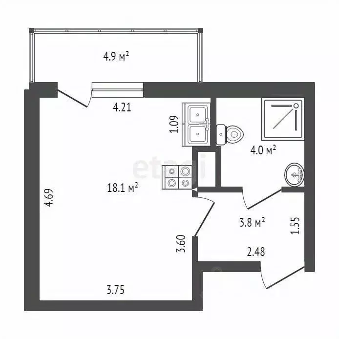 Студия Санкт-Петербург аллея Арцеуловская, 15 (25.9 м) - Фото 1