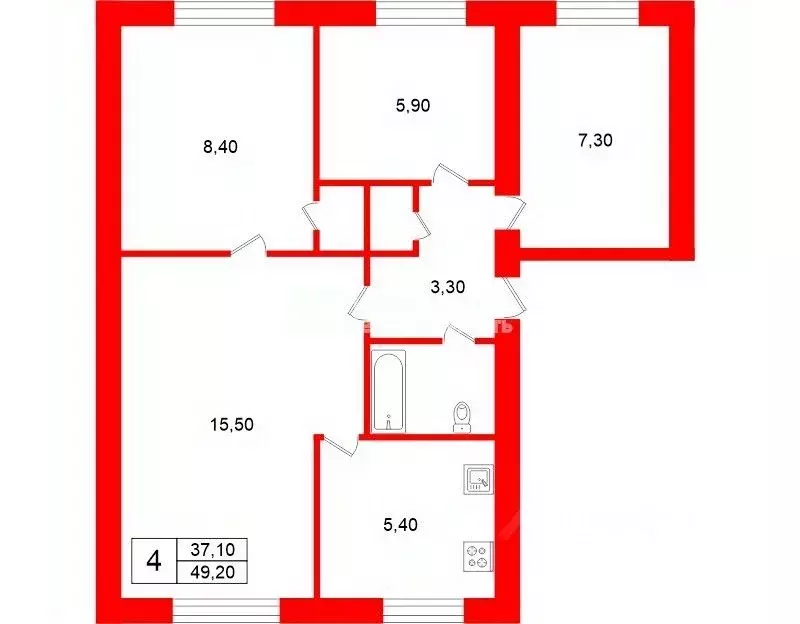 4-к кв. Санкт-Петербург бул. Новаторов, 90 (49.2 м) - Фото 2