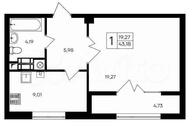 1-к. квартира, 42,9 м, 6/9 эт. - Фото 0