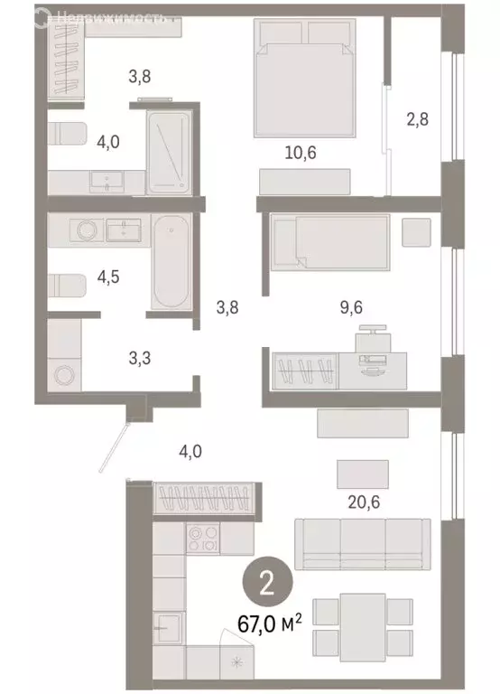 2-комнатная квартира: Новосибирск, Большевистская улица, с49 (66.96 м) - Фото 1