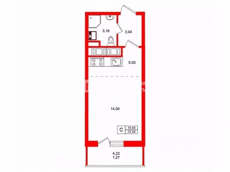 Студия Санкт-Петербург просп. Энергетиков, 9к3 (25.0 м) - Фото 2