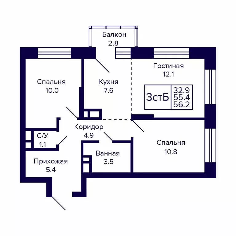 3-комнатная квартира: Новосибирск, Красносельская улица (56.2 м) - Фото 0