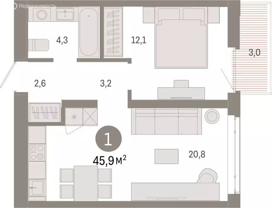 1-комнатная квартира: Тюмень, Ленинский округ (45.89 м) - Фото 1