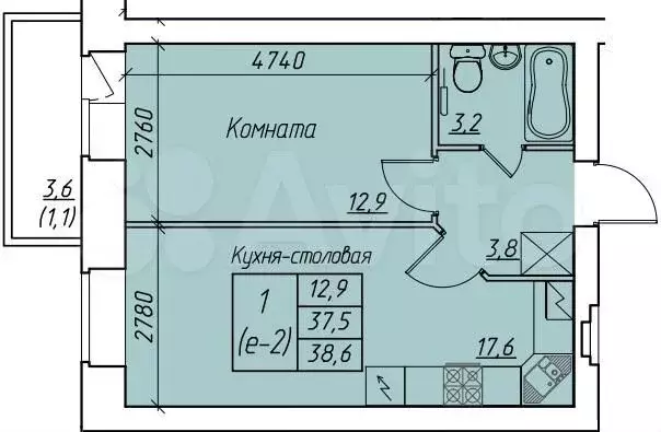 1-к. квартира, 38,6м, 2/9эт. - Фото 0