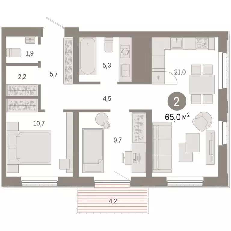 2-комнатная квартира: Тюмень, Краснооктябрьская улица, 4к1 (65.02 м) - Фото 2