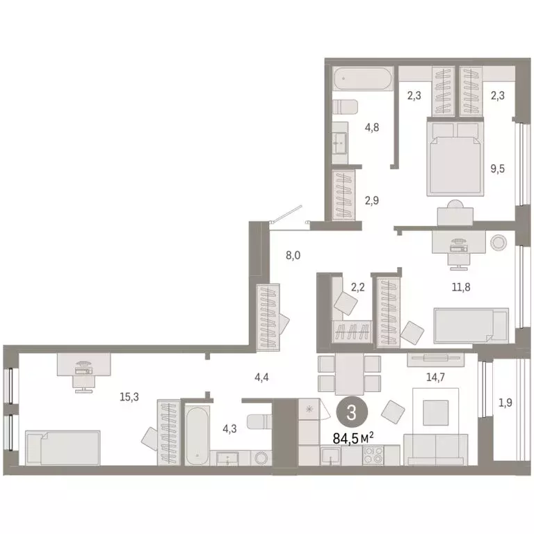 3-комнатная квартира: Тюмень, улица Республики, 205к1 (84.46 м) - Фото 2