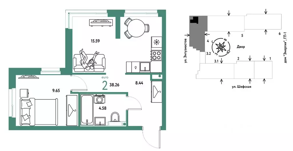 2-к кв. Свердловская область, Екатеринбург ул. Шефская, 28А (38.26 м) - Фото 1