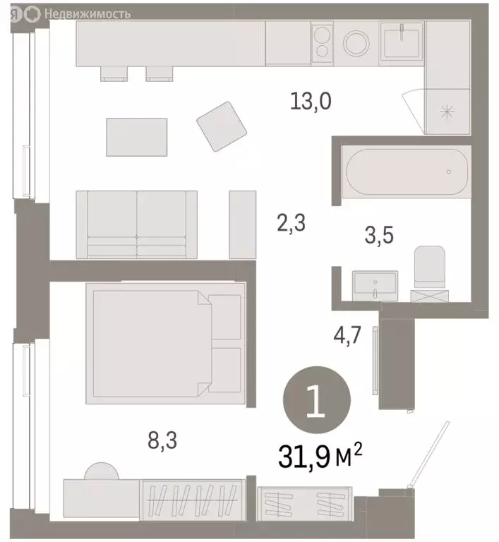 1-комнатная квартира: Тюмень, жилой комплекс Зарека (31.87 м) - Фото 1