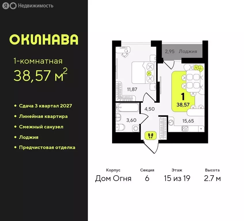 1-комнатная квартира: Тюмень, жилой комплекс Окинава (38.57 м) - Фото 0