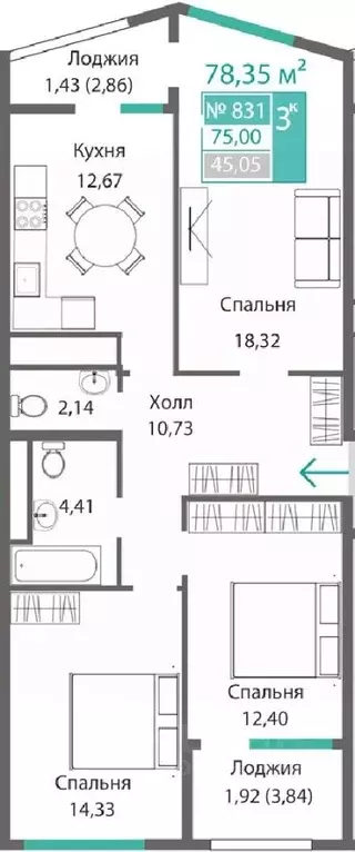 3-к кв. Крым, Симферополь Крымская роза мкр,  (78.35 м) - Фото 0